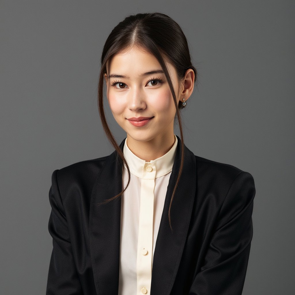 Highly detailed, highly realistic, HDR portrait of a woman executive with a sleek low bun and center part; charcoal wool blazer layered over a soft ivory silk blouse; fabric texture visible in folds. Camera: 85mm lens, f/2.0, ISO 200, eye-level, chest-up framing. Lighting: large octabox key at 45° camera left, subtle reflector fill from camera right, faint rim light separating hair from backdrop; natural shadow falls right. Pose: shoulders angled 30° from lens, chin slightly raised, subtle confident smile. Background: smooth slate gray gradient, softly blurred, no clutter.