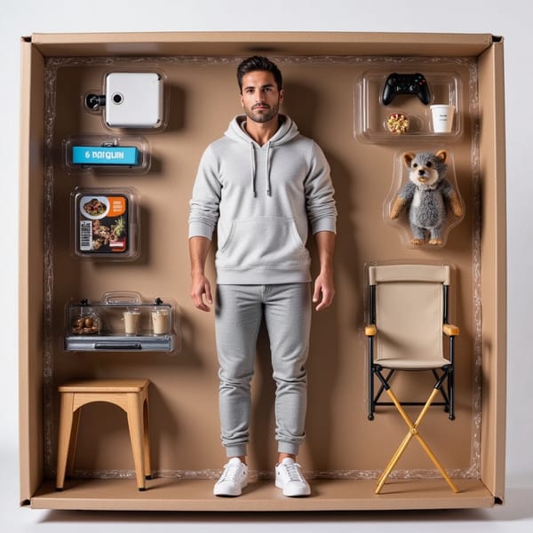 A toy action figure modeled as a relaxed man in joggers and a hoodie, leaning on a lawn chair inside the packaging. Scattered around him: an empty coffee cup, toolbox, pizza box, and a video game controller. Label: THE CHAOTIC DUDE.
