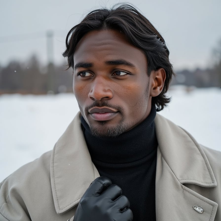 A man with tan skin and sharp jawline is captured waist up in a high-fashion editorial style in a snowy open field. He has medium-length, slightly messy dark hair swept back, a short groomed beard, and intense eyes facing slightly away from the camera, giving a serious, editorial expression. He wears a long, tailored light gray overcoat with a structured shoulder line over a black turtleneck, and a thin black leather glove on one visible hand resting lightly on his coat lapel. The coat fabric has visible fibers and precise seams.
Camera angle is three-quarter view, positioned slightly to his right and at chest height, so we see one side of his face more prominently. Lighting is soft and overcast, typical of a cloudy winter day, with gentle, diffuse light evenly illuminating his features and creating a subtle contour on his face. The background consists of a vast snowy field with faint, blurred silhouettes of bare trees in the distance, kept very minimal, with a shallow depth of field so the main focus is on his face and outfit.
Snow is settled lightly on his coat shoulders and hair, with a few individual flakes crisp near his collar. His skin shows subtle pores, natural shadows under the eyes, and a realistic sheen on the lips. The overall look is clean, minimal, high-end fashion in winter, highly realistic, highly detailed, HDR, high resolution cinematic winter fashion portrait.