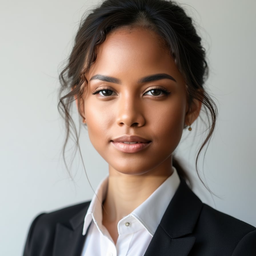 A passport-size photo of a person wearing traditional formal attire, with a neutral expression. The background is plain white, even lighting is used to eliminate shadows. The person is centered and looking directly at the camera