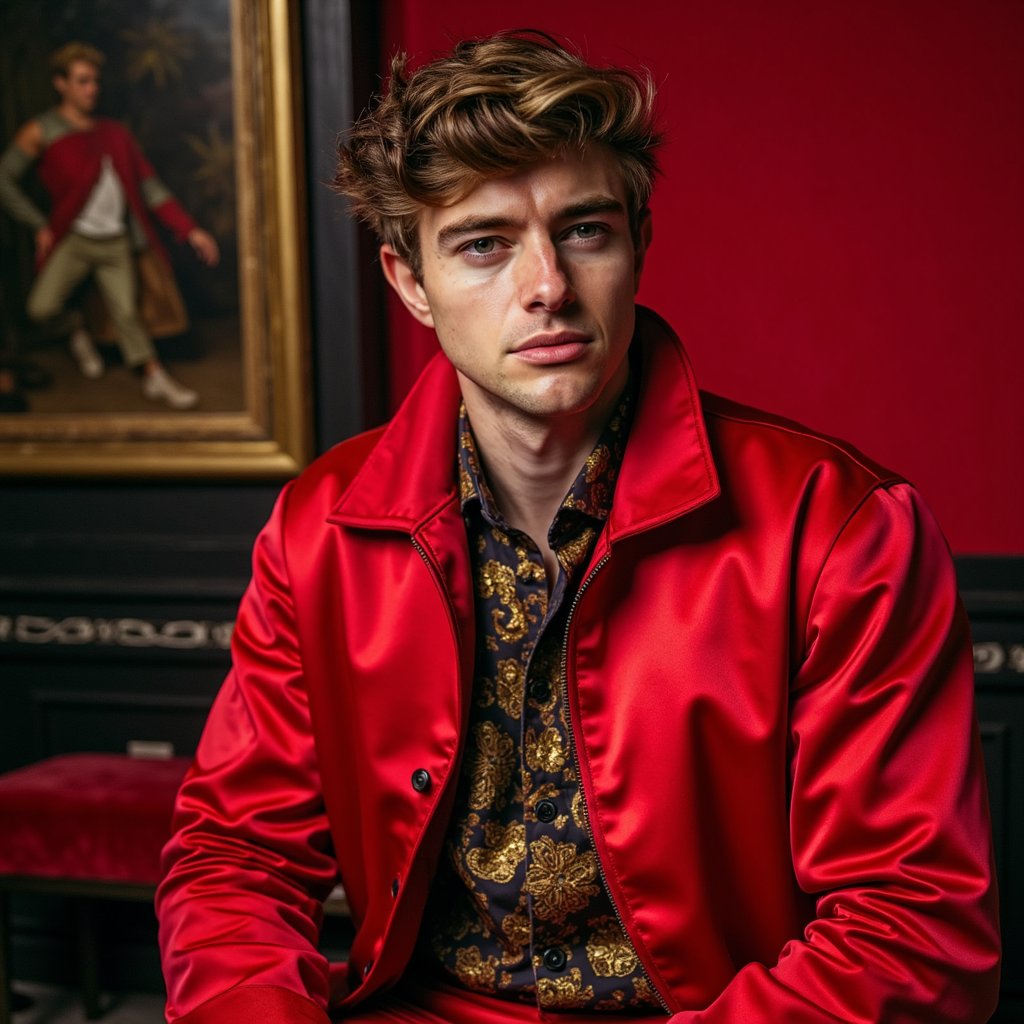 man wearing a vibrant red satin bomber jacket featuring an exaggerated, sculptural collar that stands dramatically. He has a subtle smirk playing on his lips, with his body held straight and assertive. His skin appears clean and sharp, complemented by minimalistic makeup and a hint of subtle stubble that adds texture. His hair shows natural texture, styled in a contemporary manner. The entire scene is bathed in focused spotlighting that dramatically accentuates the reflective qualities of the satin and the contours of his face, set against a solid, bold red backdrop for maximum impact.