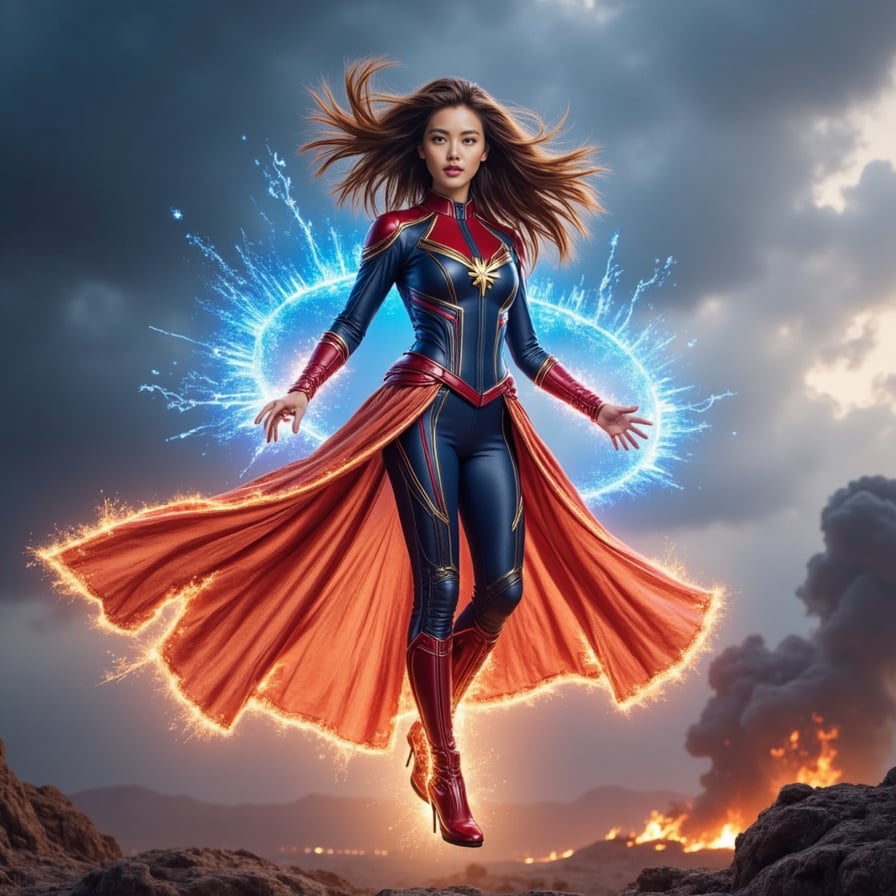 Confident woman superhero, inspired by Scarlet Witch and Captain Marvel, levitating mid-air with neon energy swirls, wearing a glowing suit of woven metal and fabric, stormy skies, battle aura, epic movie still