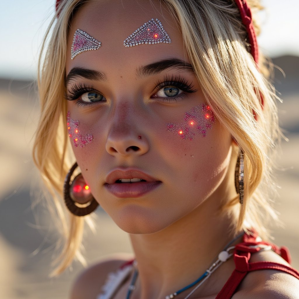 Close-up headshot of a cyber-tribal woman with face jewels and LED earrings, dramatic eye makeup, sandstorm background, Burning Man aesthetic