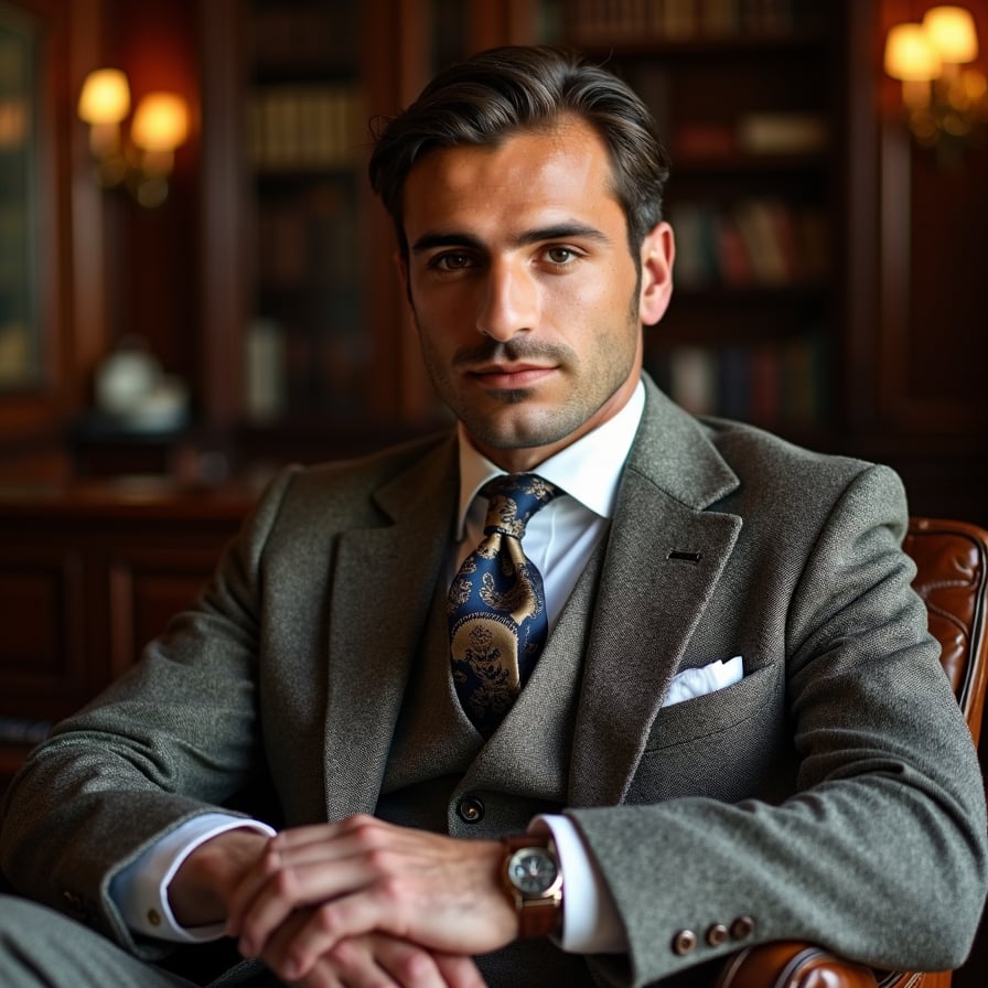 man with an air of sophistication. He is dressed in a tailored suit or a cashmere sweater over a collared shirt. The background is an elegant, softly lit library or a stately room with luxurious furnishings. His expression is confident yet understated, exuding refinement and prestige