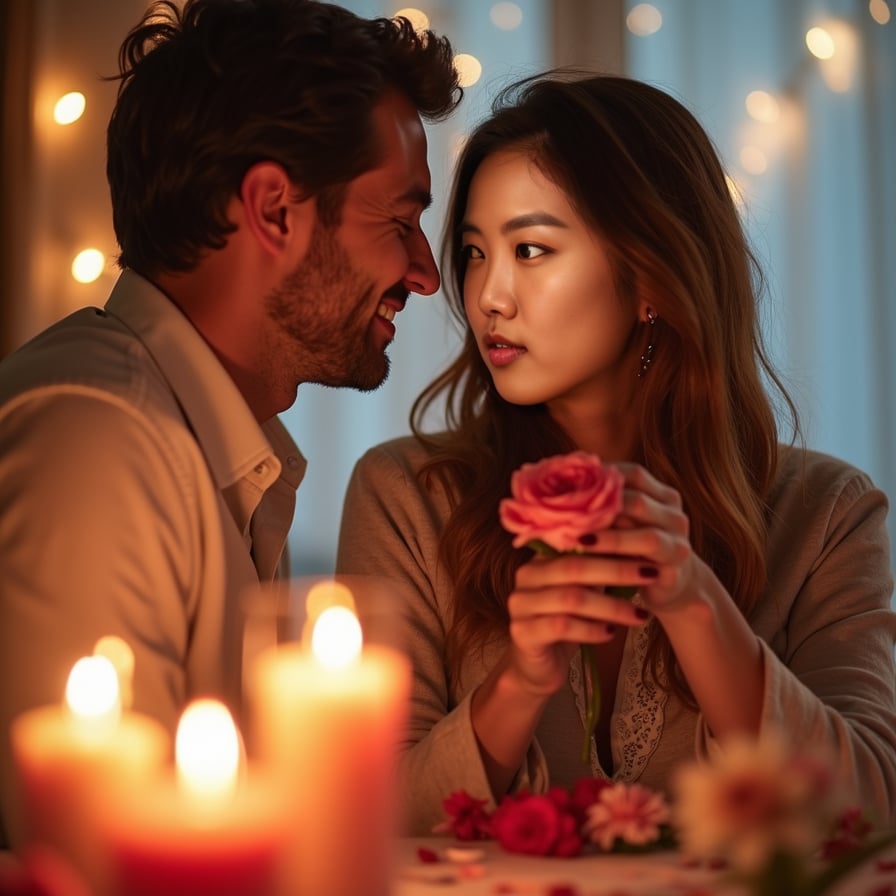 A model enjoying a romantic dinner with candles and soft lighting, set in a warm, Valentine's-themed atmosphere.
