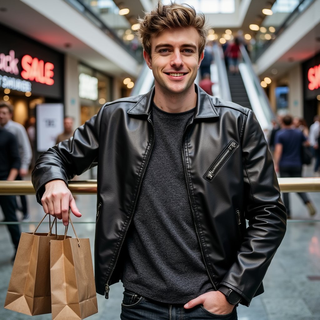 A confident man (male) waist-up, resting one forearm on a brushed-steel railing, two matte paper shopping bags dangling loosely from the other hand. Hairstyle: textured quiff; grooming: short stubble beard. Attire: black lambskin biker jacket with fine pebble grain over a charcoal ribbed henley, dark rinse denim visible at the waist; simple black silicone watch. Pose: relaxed three-quarter turn toward camera, shoulders squared, eyes engaged; still. Camera: 50mm, f/2, slight above-waist crop. Lighting: soft skylight key from above with bounced fill; subtle edge from storefront LEDs behind. Background: blurred escalator with SALE banners, grey terrazzo floor bokeh; minimal passerby clutter. Texture detail: jacket stitching, rib knit pattern, bag fiber. Highly detailed, highly realistic, HDR, high resolution.