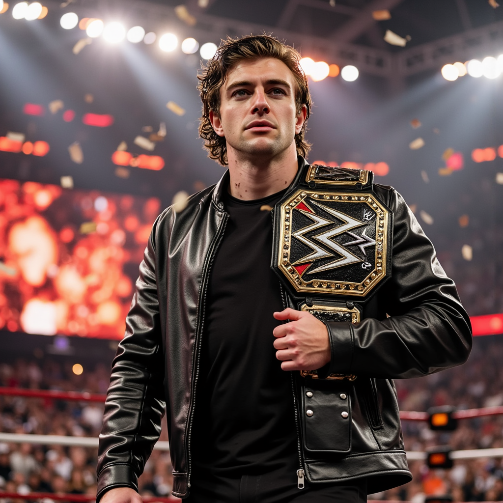 A hyper-realistic WWE Royal Rumble entrance close-up of a male wrestler (late 20