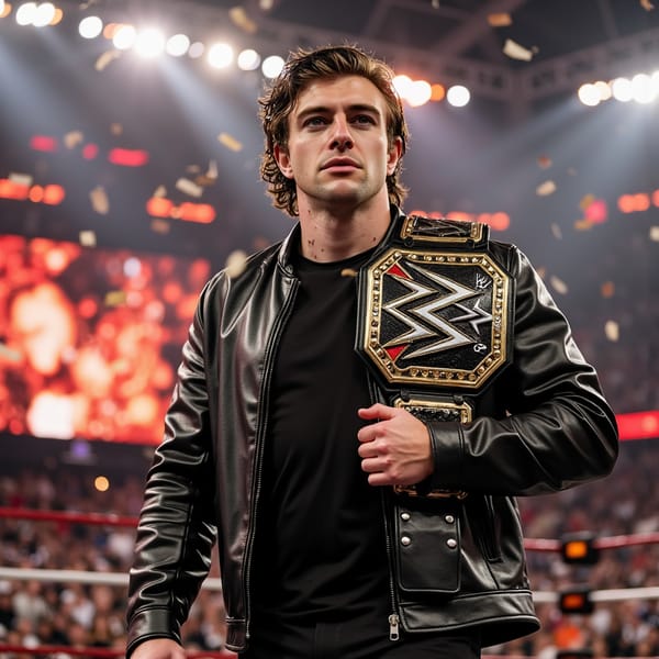 A hyper-realistic WWE Royal Rumble entrance close-up of a male wrestler (late 20s), waist-up, walking forward with calm menace. Wet, shoulder-length black hair slicked back with a few loose strands stuck to his forehead. Sweat beads on temples, visible pores, light stubble, slight bruise tint on cheekbone, intense eye contact looking past the camera. Outfit: black leather ring jacket with subtle embossed patterns, matte finish with creases at elbows, stitched seams, metal zipper, small silver studs on the collar; underneath a tight compression top with faint ribbed texture.
Camera: tight 85mm portrait, slight low angle from chest level, shallow depth of field, focus locked on eyes and sweat texture.
Lighting: harsh arena spotlights from above + warm orange pyro glow rim-lighting the shoulders, mild haze in the air.
Background: blurred LED stage screens with abstract red/orange graphics, faint silhouettes of crowd, minimal clutter, strong bokeh.
Mood: cinematic sports broadcast realism, gritty, high contrast, micro-detail.
End with: highly detailed, highly realistic, HDR quality, sharp skin texture, minimal background clutter.