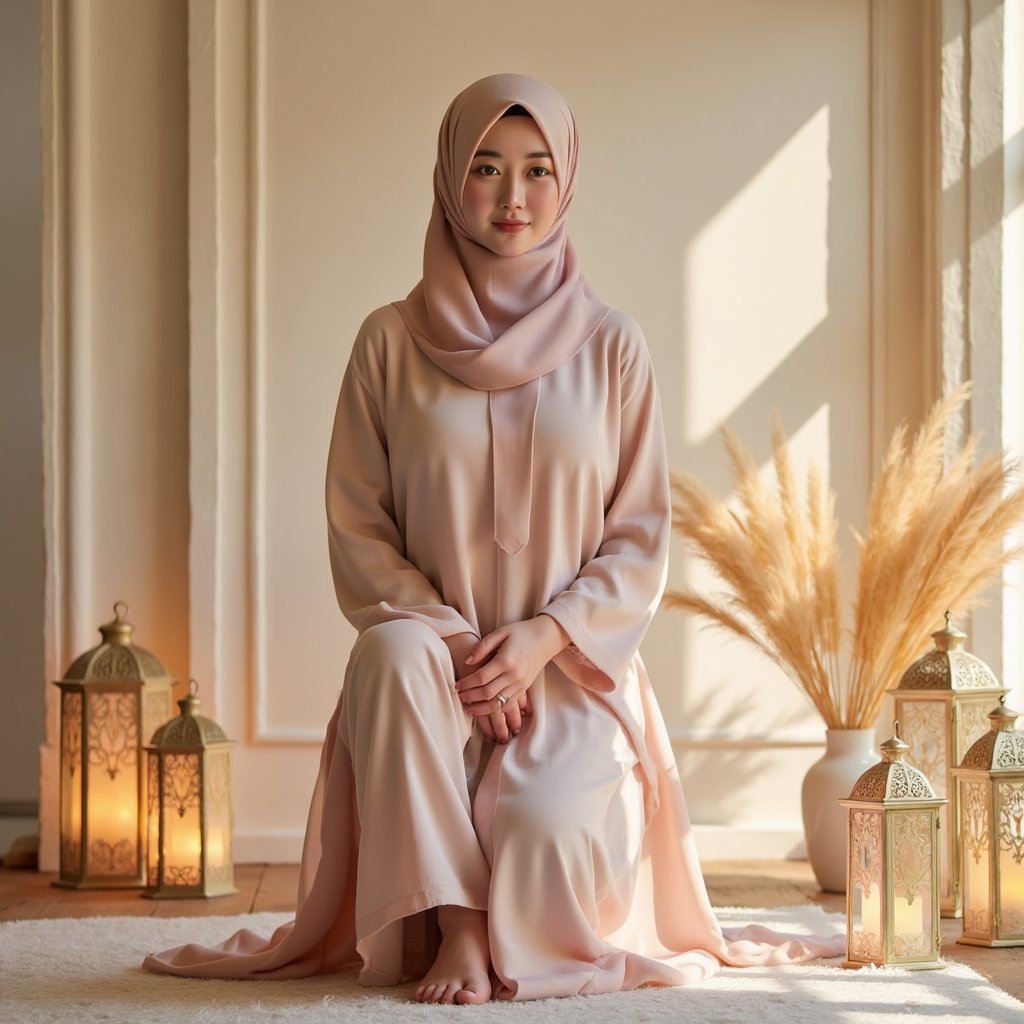 Knee-up portrait of a woman in a flowing abaya with soft pastel hues, subtle smile, surrounded by decorative lanterns in gentle golden light — inspired by Mawlid traditions