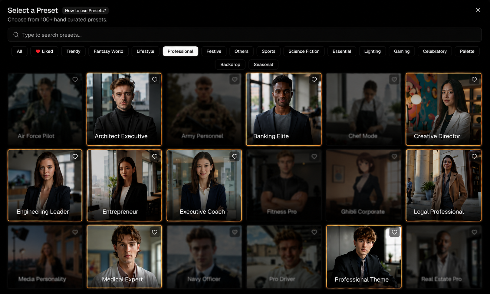  PhotoGPT preset selector showing the Professional category with options like Architect Executive, Banking Elite, Creative Director, Engineering Leader, Entrepreneur, Executive Coach, and more