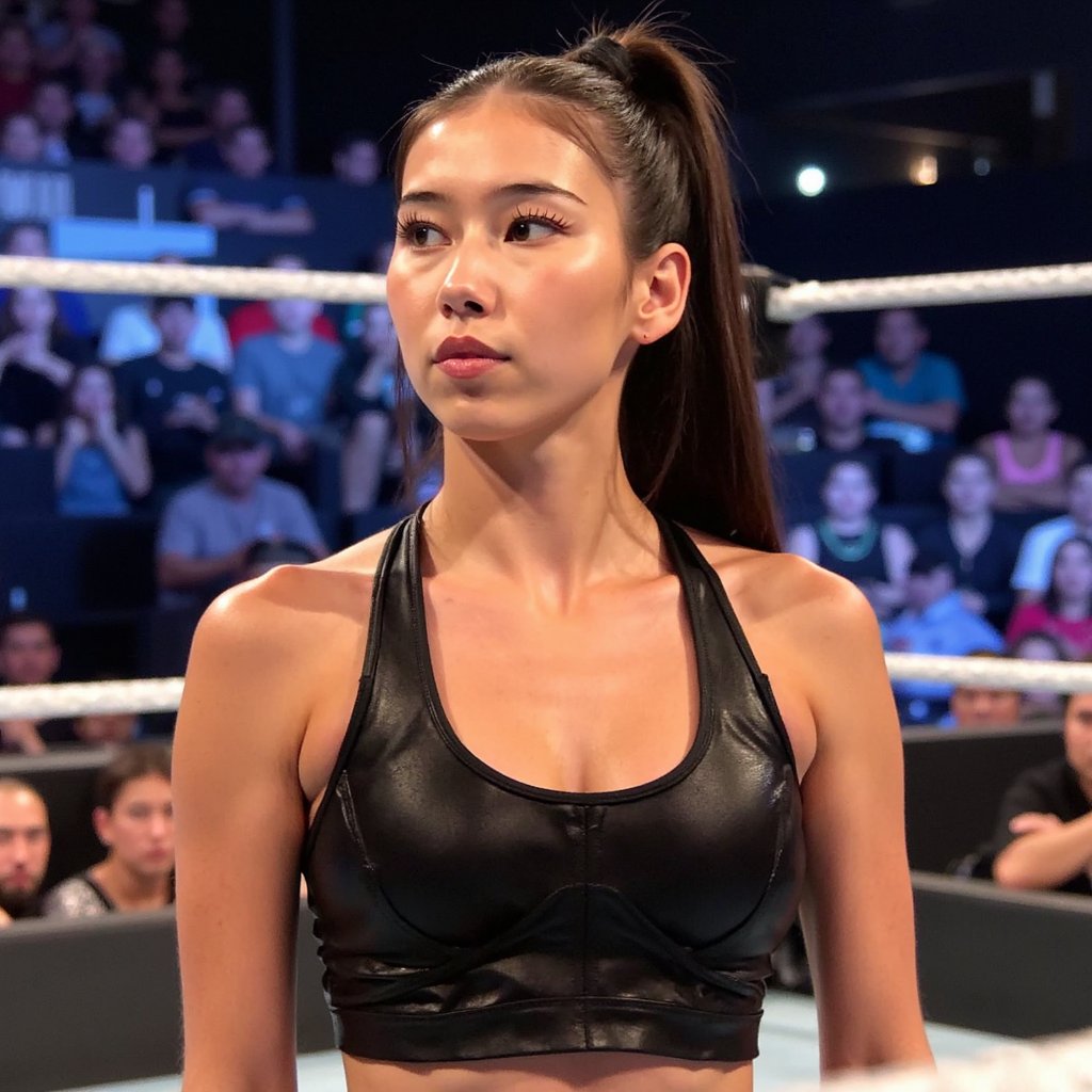 A WWE Royal Rumble waist-up broadcast shot of a female wrestler (early 30s) standing still, shoulders relaxed, preparing to move. Expression is focused yet calm, lips gently closed, eyes alert. Hair: high ponytail with smooth finish, slight flyaways visible. Skin shows realistic texture, sweat sheen on collarbone and shoulders.
Outfit: black ring gear top with subtle tonal patterning, athletic fabric with visible weave and stretch lines.
Camera: 75–85mm, eye-level, slightly off-center framing.
Lighting: even arena lighting, soft shadows, balanced exposure.
Background: softly blurred ring mat and audience, minimal clutter.
End with: highly detailed, highly realistic, HDR, clean arena lighting, broadcast realism.