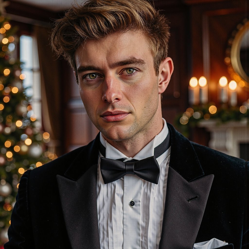 Close crop of a man in tuxedo (shawl-collar velvet dinner jacket, crisp pleated shirt, satin bow tie). Hairstyle: classic taper, slight quiff; clean shave. Fabric details: velvet nap, satin lapel reflection, micro-pleats. Camera: eye-level, 105mm macro-leaning portrait for extreme texture fidelity, f/2.0. Lighting: soft directional key (large softbox or window) + faint practical back glow from the tree for hairline separation. Background: blurred Christmas tree with crystal and glass ornaments, warm golden fairy lights; no extra props. Pose: chin slightly down, eyes centered, confident but soft gaze. Render: highly detailed, highly realistic, HDR; precise lapel edge and shirt pleat definition; natural skin pores.