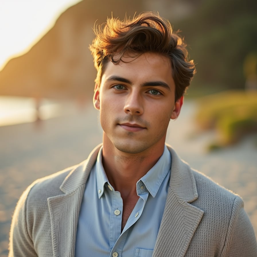 man with a warm, approachable smile. He is styled in casual yet well-fitted attire, such as a crisp shirt or sweater, and set against a natural outdoor backdrop like a park or beach at golden hour. The lighting is soft, enhancing his features and creating a confident yet relaxed vibe
