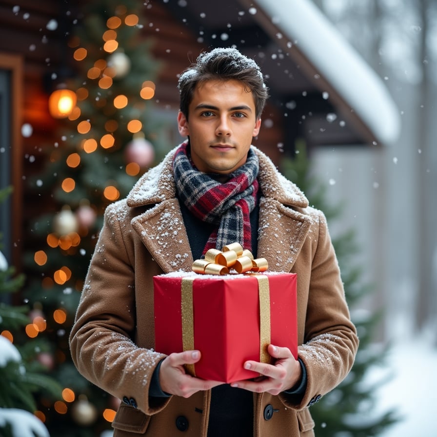 A man in a classic wool coat and plaid scarf stands outside a snow-covered cabin, holding a large gift box wrapped in red paper and a golden bow. Snowflakes fall around him as he smiles warmly.