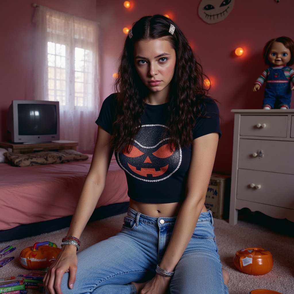 young woman kneels beside her bed in a Y2K-style girly bedroom. She wears low-rise jeans with rhinestone details, a cropped baby tee with a glittery Halloween print, and jelly bracelets stacked on her wrists. Her wavy hair is pinned back with sparkly barrettes, makeup shimmering with frosted eyeshadow. Around her are scattered Halloween candy buckets and VHS tapes stacked near the TV. The lighting is warm and grainy, as if shot with a disposable camera. On the dresser behind her, the Chucky doll from Child’s Play sits upright, his stitched grin faintly catching the glow.