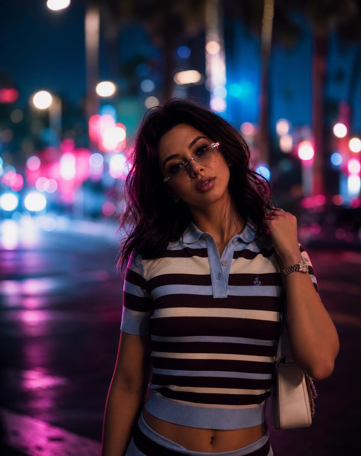 Generate the given reference image into a cinematic night portrait, /closeup /nightlight /neon /bokeh, dramatic face lighting, glowing city background, realistic skin texture, moody atmosphere, vertical social image, no text.