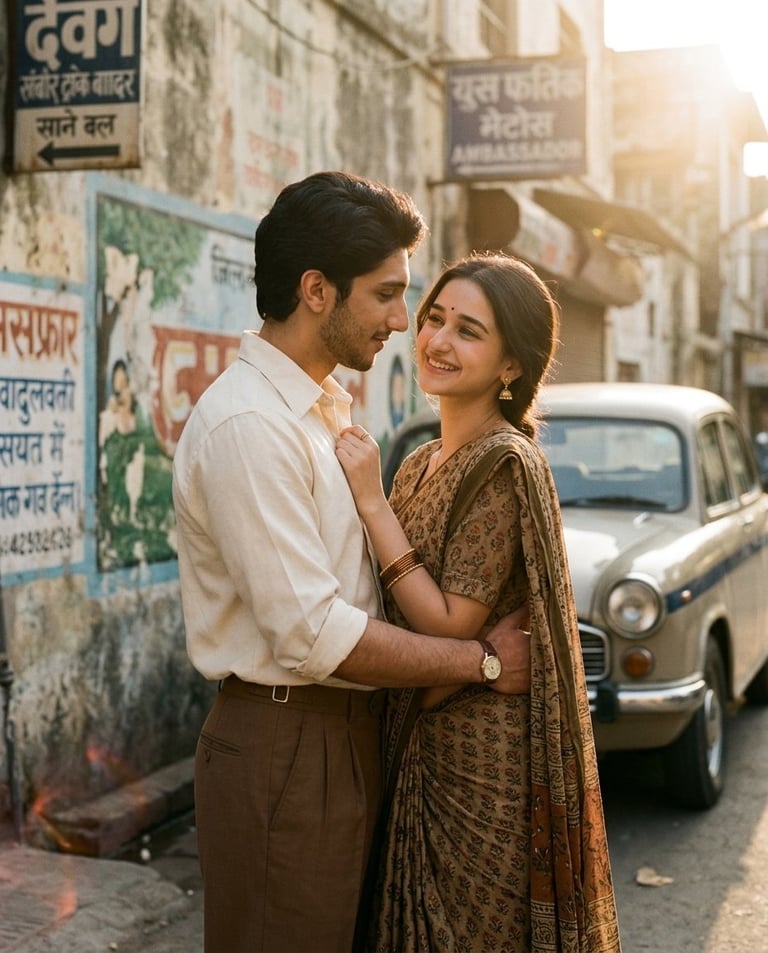 Create an ultra-realistic cinematic retro photograph of a above couple in a time