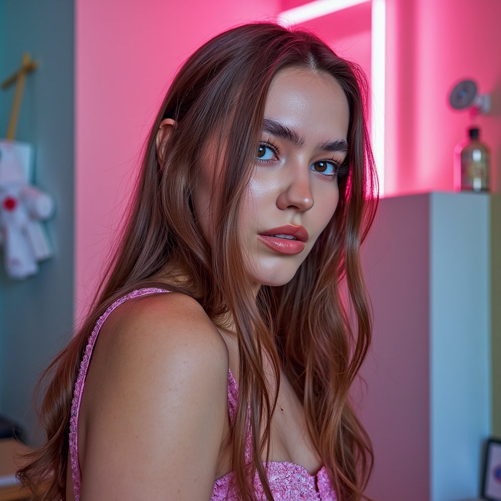 woman with a bold, joyful presence, styled with a colorful pop aesthetic. The lighting is soft and luminous, filled with warm pink hues and subtle neon glow. Her look reflects youthful creativity and effortless cool. The background includes retro-inspired textures and minimal geometric elements. Hyper-detailed, bright tones, expressive mood, high clarity.