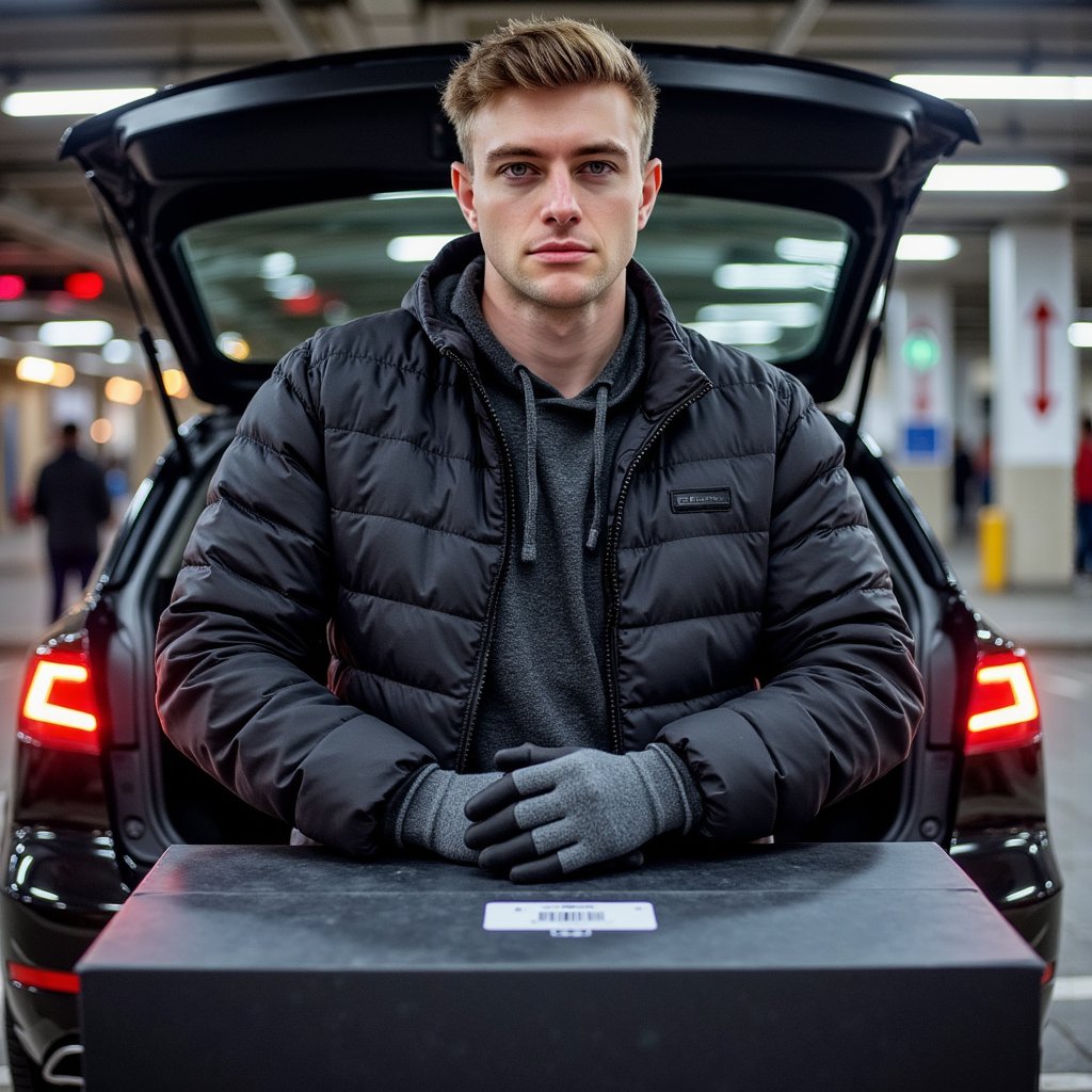A man (male) waist-up at an open trunk in a dim parking garage, hands resting on a matte black shipping box with a discrete barcode label. Hairstyle: close buzz cut; grooming: clean stubble. Attire: charcoal ripstop tech hoodie under a black quilted puffer with micro-ripples; fingerless knit gloves. Pose: square to camera, steady gaze, slight forward lean; still. Camera: 35mm, f/2, slight low angle for presence. Lighting: moody cyan key gel from camera left, magenta rim from tail lights right, subtle ambient sodium overhead; crisp catchlight on eyes. Background: soft bokeh brake lights and concrete pillars, painted directional arrows; minimal clutter. Texture detail: ripstop grid, zipper teeth, quilt baffles, corrugated box edges. Highly detailed, highly realistic, HDR, high resolution.