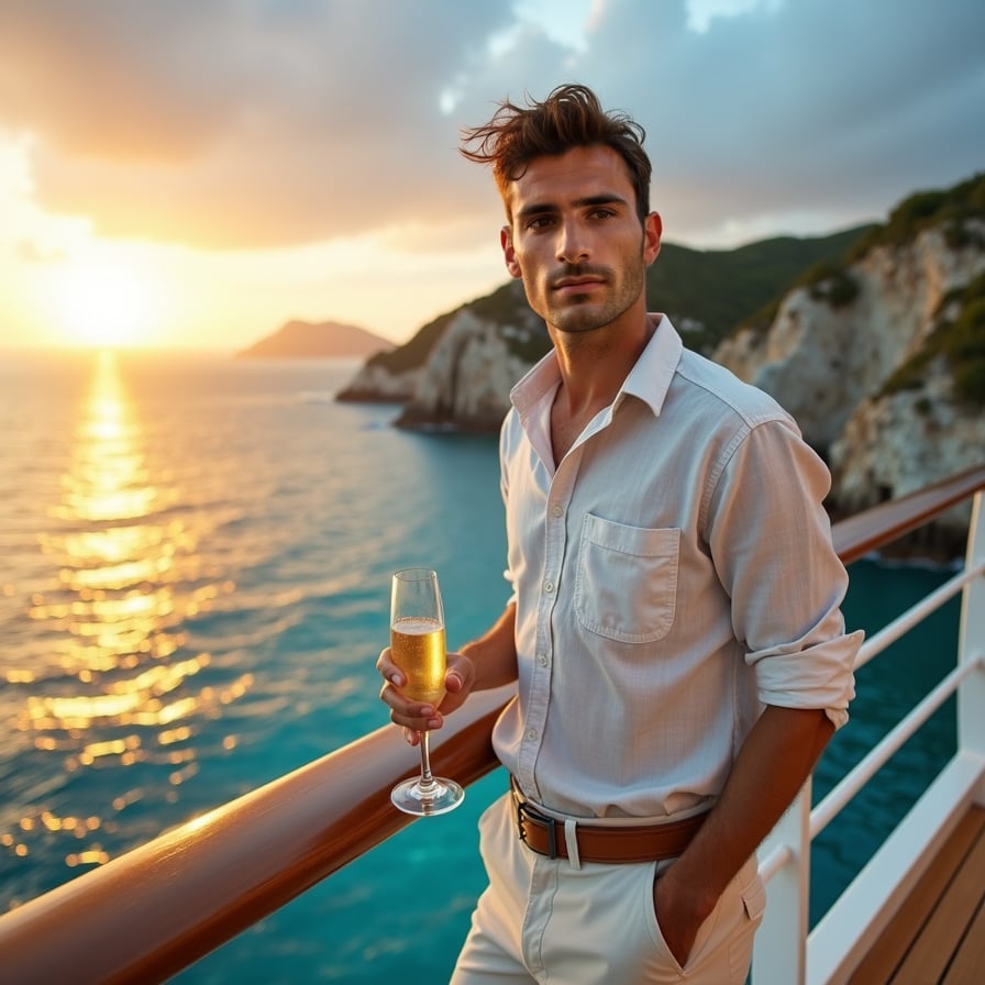 Exploring Ports: The model is dressed in a stylish yet practical outfit for exploring port destinations. he’s seen walking along the quay, interacting with locals, or shopping at a portside market, capturing the adventurous and chic side of cruise travel.