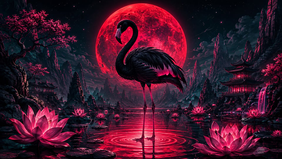 Black flamingo silhouetted against a glowing red moon in a neon alien pond