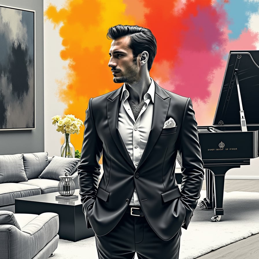 man wearing luxurious suit, surrounded by wealth and opulence, standing in a lavish living room with a grand piano and expensive artwork.