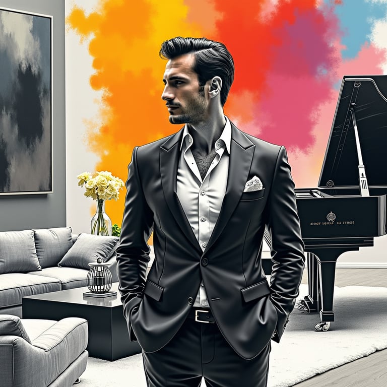 man wearing luxurious suit, surrounded by wealth and opulence, standing in a lav