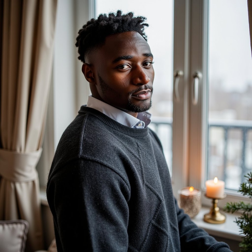 Waist-up portrait of a man standing at a frost-kissed bay window, turned 30° away from camera and gazing past the lens, off-center framing. He wears a charcoal wool cable-knit sweater layered over an oxford shirt with a slightly rumpled collar; fine wool fiber texture visible. Hair: short, side-part, lightly tousled; subtle weekend stubble. Lighting: cool north-light window key with a gold bounce fill from the right to add Christmas warmth; faint practical bokeh of a small tree in the background. Background: frosted glass with delicate condensation trails; minimal decor (a single brass candlestick out of focus). Camera: 50mm lens, f/2; highly realistic, highly detailed, HDR; crisp eye catchlights, sweater pattern sharply resolved; calm, still pose.