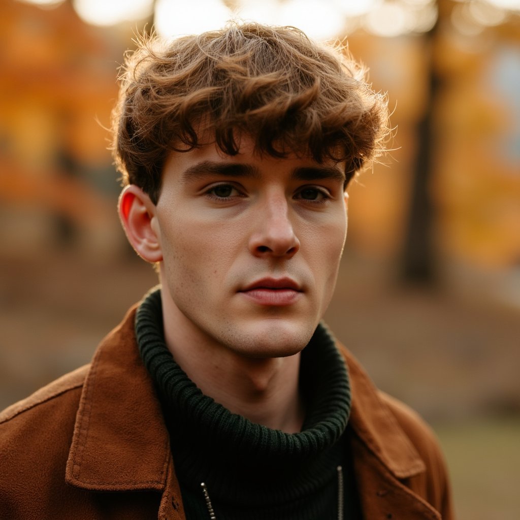 Hyperrealistic, highly detailed, HDR close-up portrait of a man (male, ~29 yrs) standing outdoors during golden hour. Camera head-and-shoulders, eye-level. He wears a brown suede jacket over a dark forest-green shirt; light wind slightly moves his short, textured hair. Warm sunlight filters through amber leaves behind, producing a glowing rim light along his shoulders. The background fades into creamy bokeh of gold and burnt-orange tones. His expression calm, faint smile lines around his mouth, eyes softly squinting from light. Fine beard stubble, natural skin tone, suede texture visible in lifelike detail. HDR, high resolution, high quality, highly detailed, photorealistic.