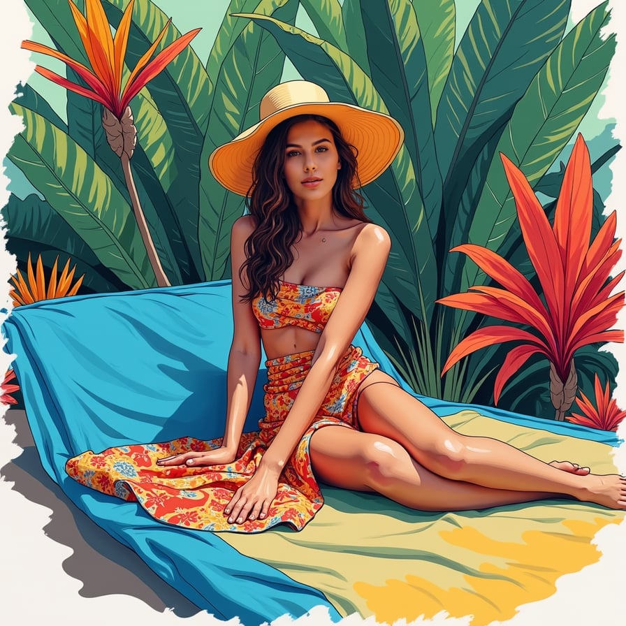 A full coloured vibrant sketch of a woman lounging in a tropical paradise, surrounded by large, brightly colored palm leaves and exotic flowers. She wears a flowing, tropical-patterned sarong, her sun hat casting a soft shadow over her relaxed face. The sketch features vivid blues, greens, and yellows, with the bright sunlight creating high-contrast shading. The sketch style is loose and playful, with thick outlines and splashes of watercolor-like color filling the scene. The overall mood is serene yet lively, capturing the essence of a tropical getaway