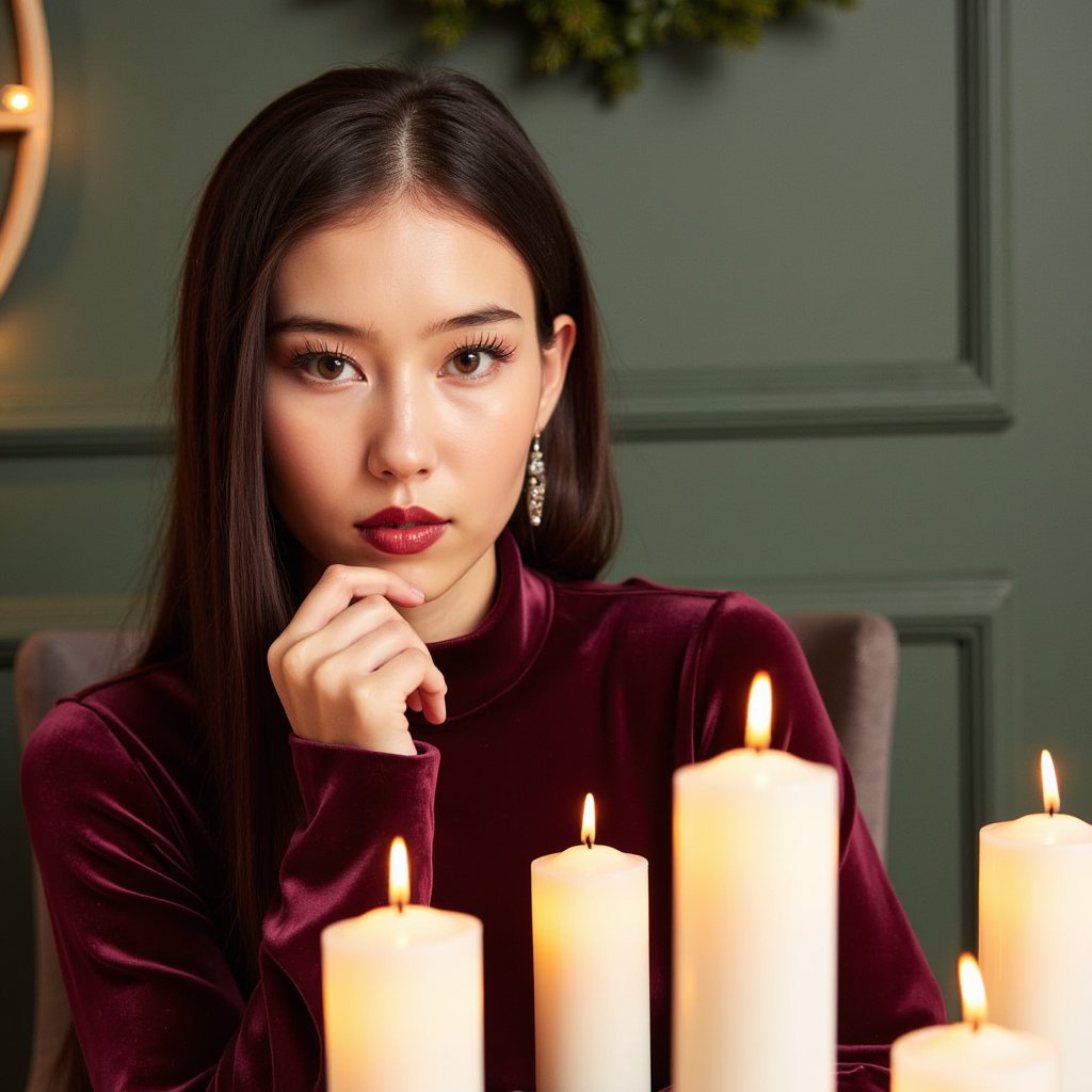 Headshot of a woman seated beside several blurred candles, positioned on the left side of the frame (rule of thirds). She wears a burgundy velvet mock-neck top with visible velvet grain.
Hair: sleek straight hair with a middle part, tucked behind both ears.
Makeup: warm bronze eyeshadow, soft wing, glossy berry lips, subtle candlelit highlight on cheekbones.
Lighting: warm candlelight key with gentle flickering reflections; soft diffused fill from camera-right to balance shadows.
Background: matte dark green wall with minimal décor—just a blurred evergreen garland; minimal clutter.
Camera: 100mm macro portrait, f/2.8; highly realistic, highly detailed, HDR, revealing velvet fibers, natural skin texture, and candle reflections.