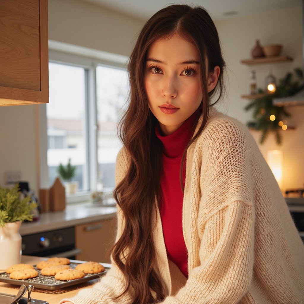 Head-and-shoulders portrait of a woman in a softly lit kitchen while Christmas cookies bake in the blurry background (no motion). She wears a cream knit cardigan over a red thermal top, cardigan showing soft wool fuzz and delicate ribbing.
Hair: half-up style with loose curls cascading down.
Makeup: soft golden shimmer on eyelids, warm blush, glossy nude lips.
Lighting: warm oven-light glow from behind adds a subtle halo while a soft diffused key from camera-left lights her face.
Background: blurred gingerbread cooling tray, pine sprigs, subtle fairy lights — minimal clutter, organized composition.
Camera: 50mm f/1.8; highly realistic, highly detailed, HDR, highlighting cardigan texture, hair shine, and warm kitchen tones.