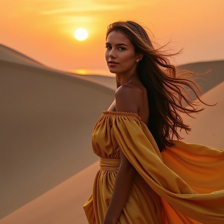 A regal woman stands against towering sand dunes under a crimson sunset, dressed