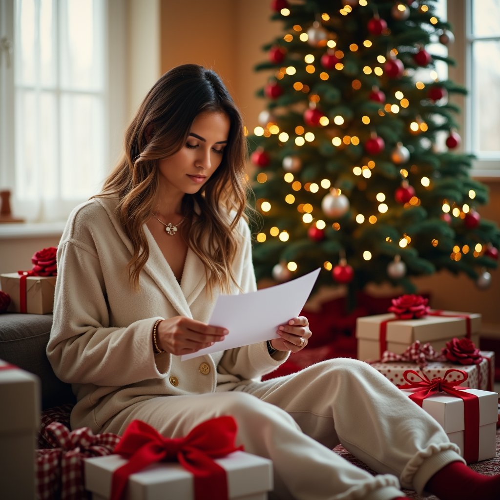 woman in cozy pajamas, surrounded by wrapped gifts and Christmas decorations, holding a note from Santa with a surprised and delighted expression, warm morning light streaming through the window, soft focus on the Christmas tree in the background.
