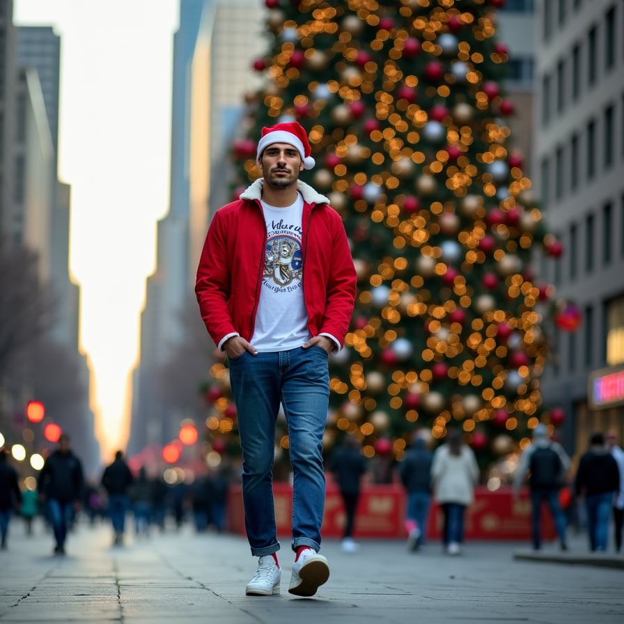 man walking on streets, wearing a casual outfit, navy blue denim jeans, white graphic t-shirt, sneakers, against a blurred cityscape backdrop with people and buildings in the distance, natural daylight, soft focus.