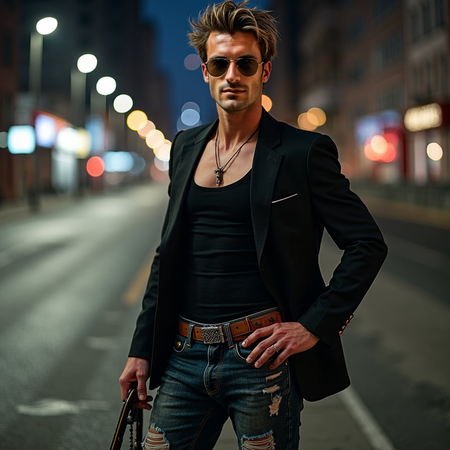 Pose: Standing with his feet shoulder-width apart, with one hand resting on his hip and the other holding a guitar.
Expression: Confident, with a hint of defiance and a sense of nonconformity.
Clothing: A fitted, black tank top and a pair of distressed, high-waisted jeans, giving off a tough, edgy vibe.
Accessories: A pair of aviator sunglasses, a leather belt with a silver buckle, and a messy, undone hairstyle.
Background: A gritty, urban background with a cityscape at night, evoking the feeling of a bustling metropolis.