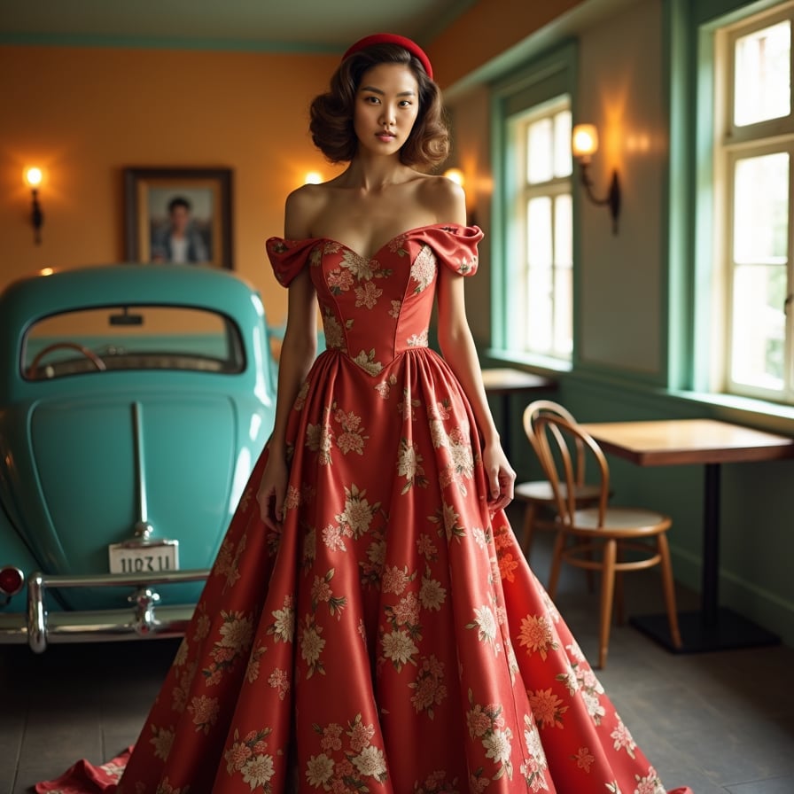 Vintage Glamour: The model is styled in retro 1950s attire, complete with classic hair and makeup. She stands in front of a vintage car or an old-fashioned café, her expression and posture exuding timeless elegance and grace.