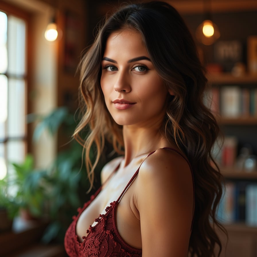 woman with a warm smile, set in a cozy indoor setting like a bookshop or sunny room. She is wearing stylish yet comfortable clothing, and the lighting is natural and inviting. The image should reflect authenticity and charm