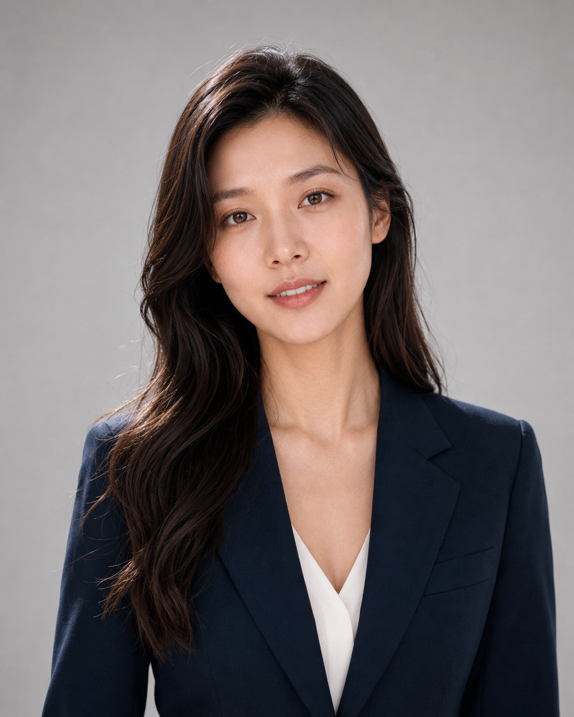 Professional female headshot, teal blazer, soft waves, clamshell lighting, slight confident smile, clean off-white background, contemporary personal branding
