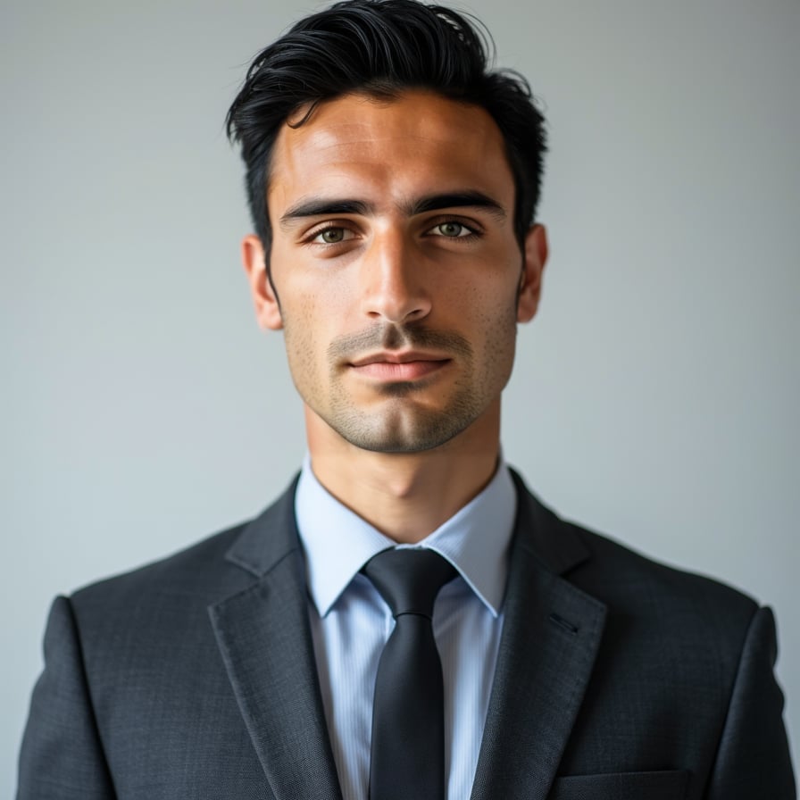 A passport-size photo of a business professional wearing a dark suit and tie. The background is plain light gray, and the lighting is bright yet evenly distributed. The individual is centered, facing forward with a neutral but confident expression