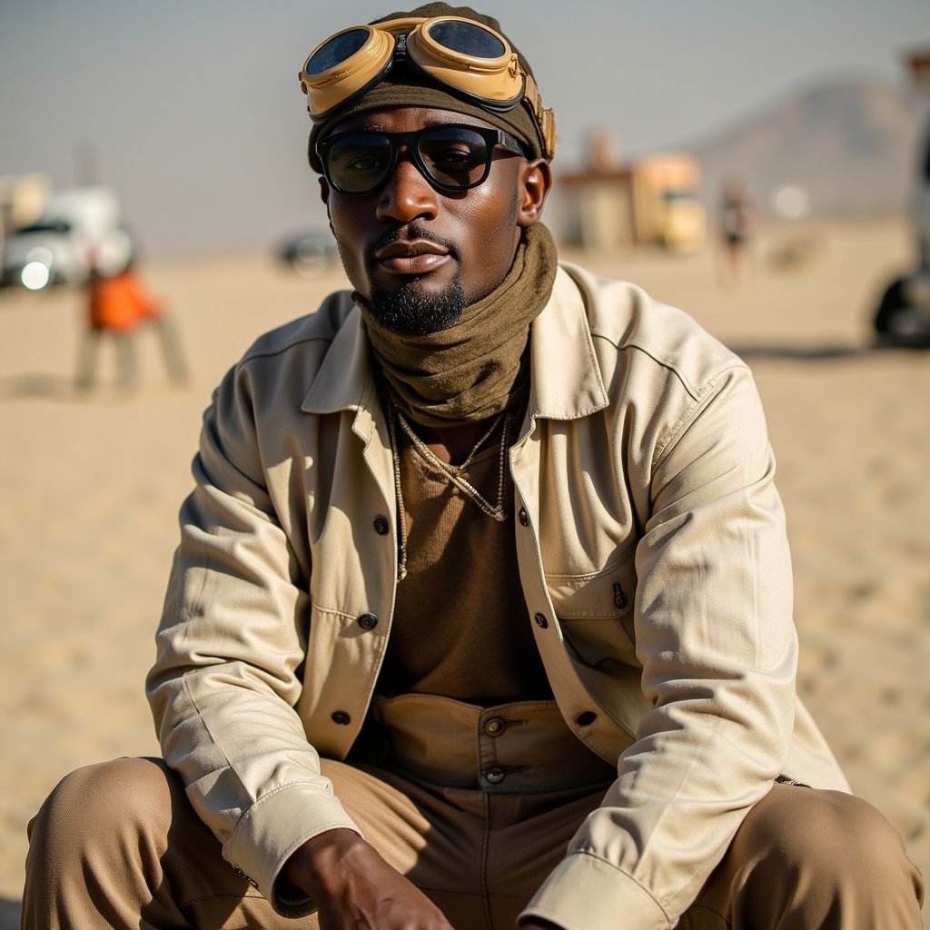 Knee-up portrait of a man in steampunk desertwear, layered fabrics and goggles, confident stance, haze in background, Burning Man 2025 theme