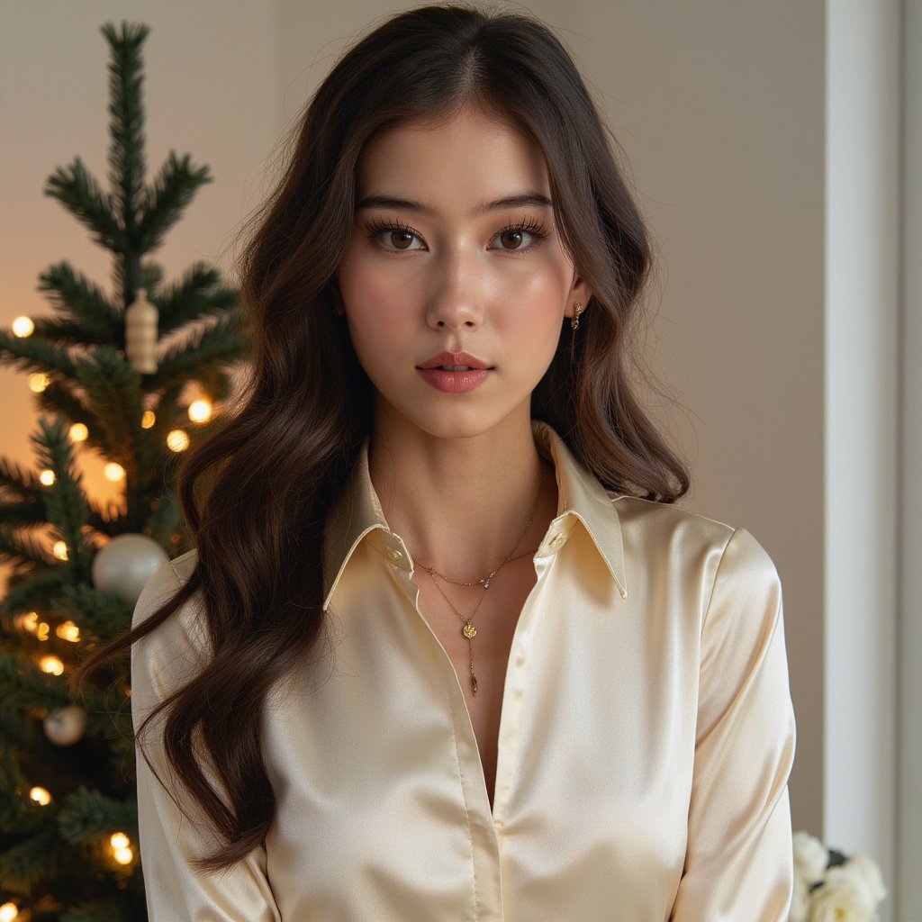 Head-and-shoulders portrait of a woman against a clean, elegant evergreen backdrop decorated with tiny warm fairy lights. She faces the camera calmly with a serene, Christmas-card expression. She wears a cream satin blouse with soft sheen and a gold pendant necklace.
Hair: voluminous soft curls parted to one side.
Makeup: holiday glam—soft shimmer eyeshadow, long curled lashes, warm pink lipstick.
Lighting: balanced beauty softbox from the front with a gentle hair-light from above to define curls.
Background: dark green pine branches with gentle glowing bokeh; minimal clutter, clean composition.
Camera: 85mm f/2.2; highly detailed, highly realistic, HDR, showing satin shine, hair texture, and precise bokeh.