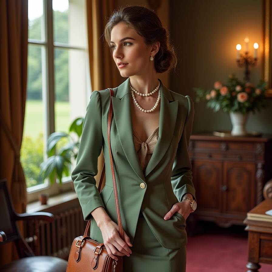 woman styled in a vintage-inspired outfit, such as a tailored dress or blouse with pearls. Her hair is neatly styled in soft waves or an updo. The background is a serene estate garden or an opulent, softly lit parlor. Her pose is poised and graceful, reflecting timeless charm
