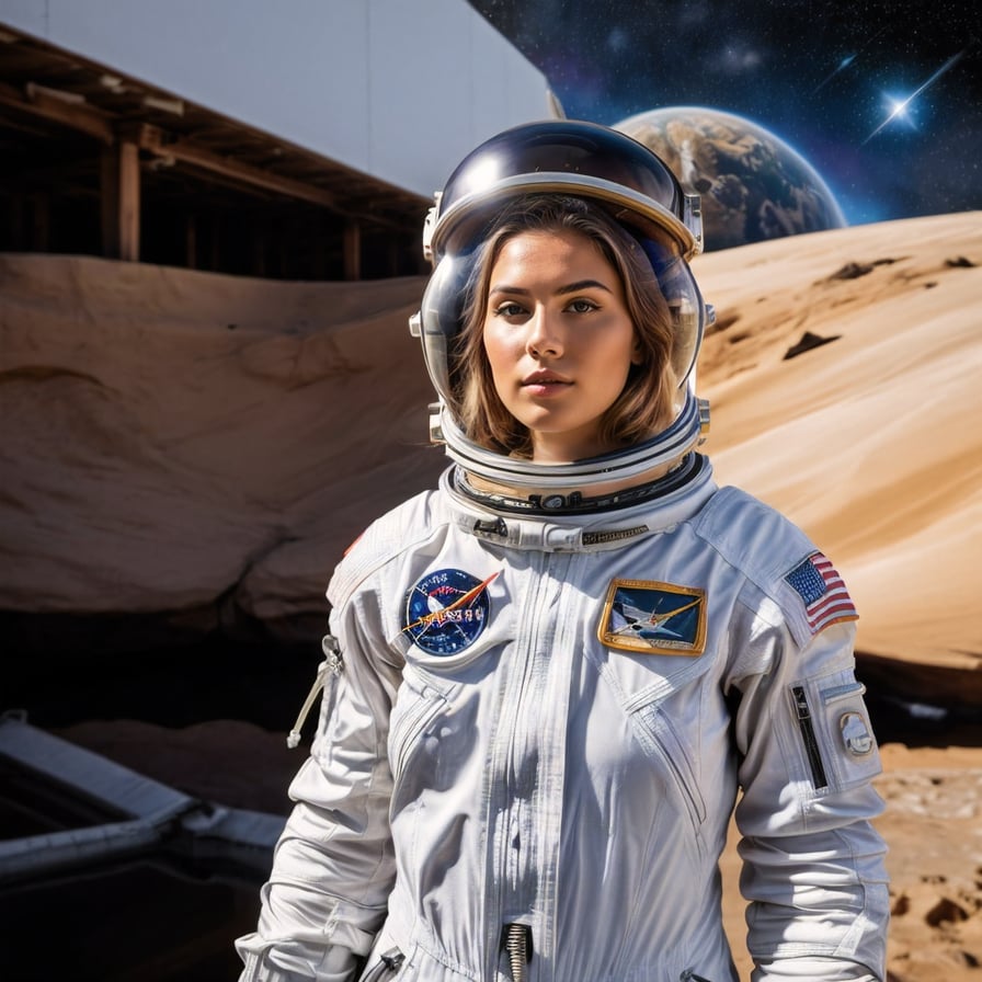 Heroic astronaut, white suit, Earth’s orbit backdrop, reflective visor.