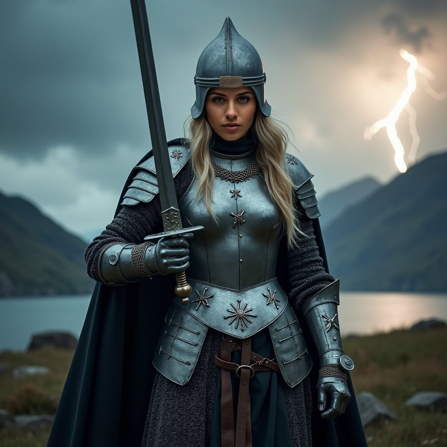 woman in medieval armor, silver-chainmail and leather, wielding a double-edged sword with a fierce grip, standing in a powerful contrapposto stance, her helmet adorned with a crest, against a dark, ominous stormy sky with intense lightning and thunderclouds, lit by a dramatic flash of lightning.