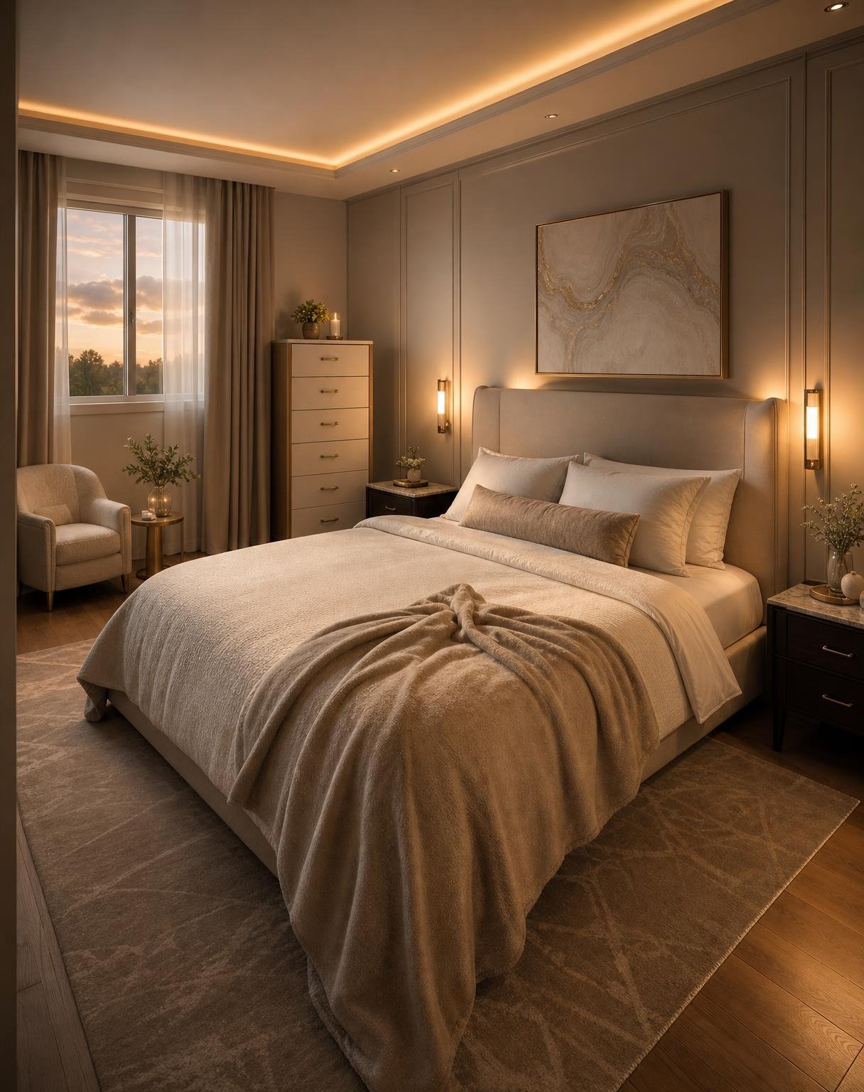 Generate the given reference image into a luxury hotel room interior, /wideangle /goldenhour /cinematic /architecturaldigest, elegant furniture, warm ambient lighting, premium materials, realistic shadows, clean modern styling.
