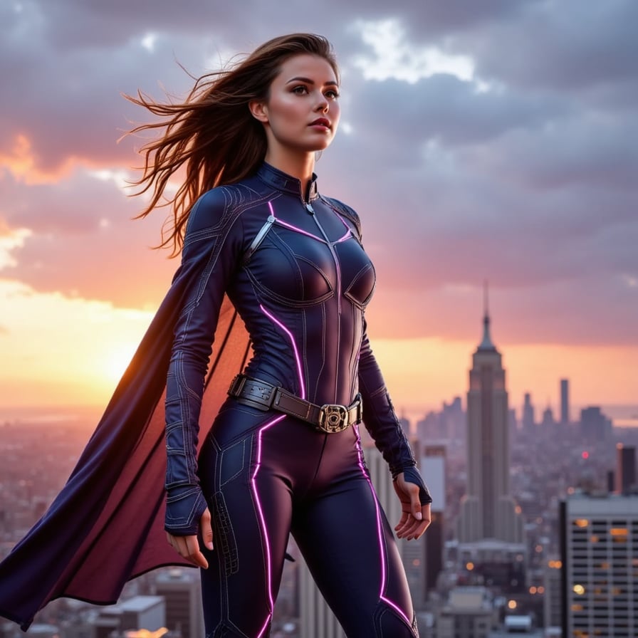 Next-gen female Avenger in a sleek, high-tech suit, glowing with cosmic energy, standing on a skyscraper rooftop at dusk, wind-blown cape, cinematic Marvel lighting, dynamic pose, futuristic city in background, ultra-realistic, 4K