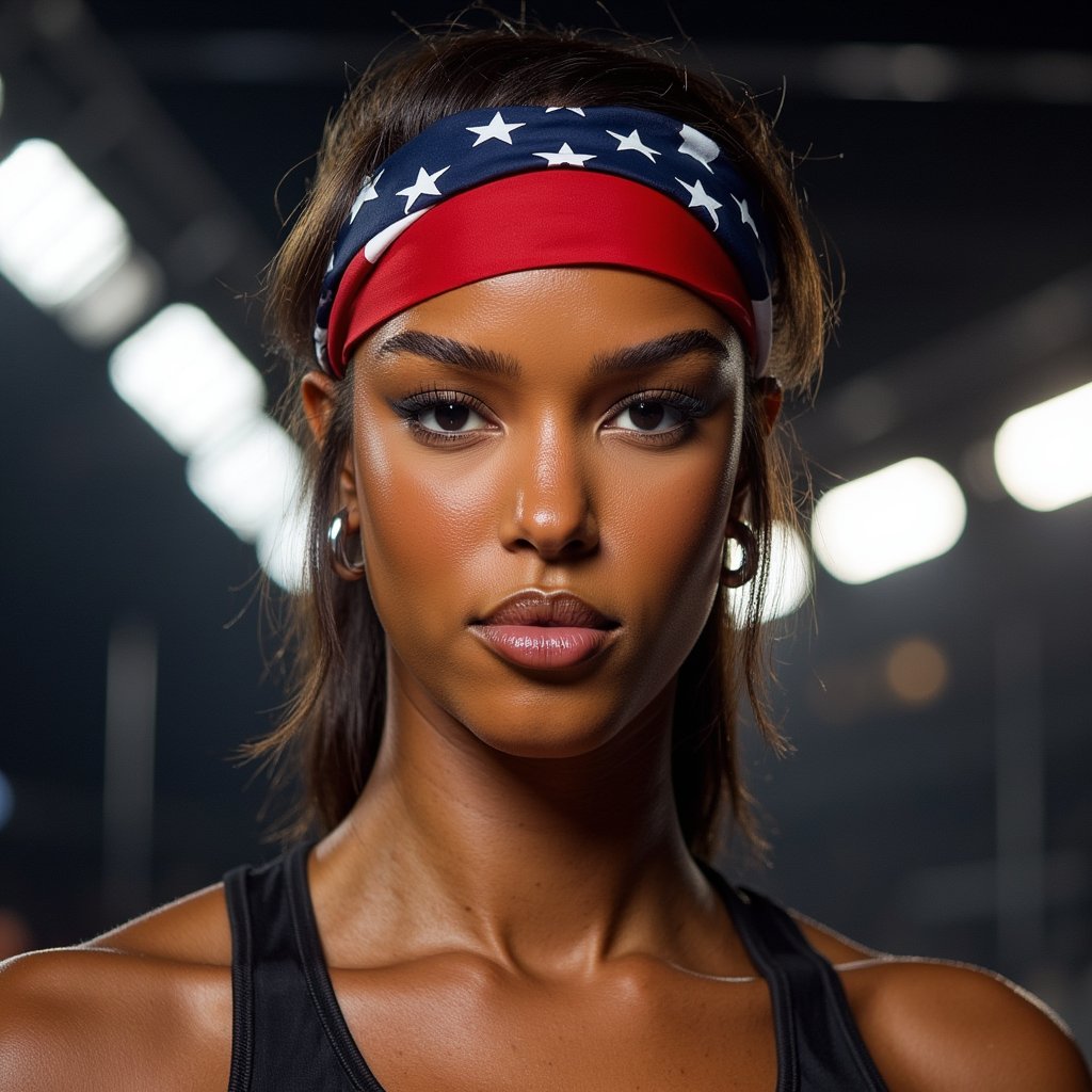 Close-up headshot of a determined athlete wearing a national flag bandana, sharp jawline and intense eyes, dark background with rim light outlining face