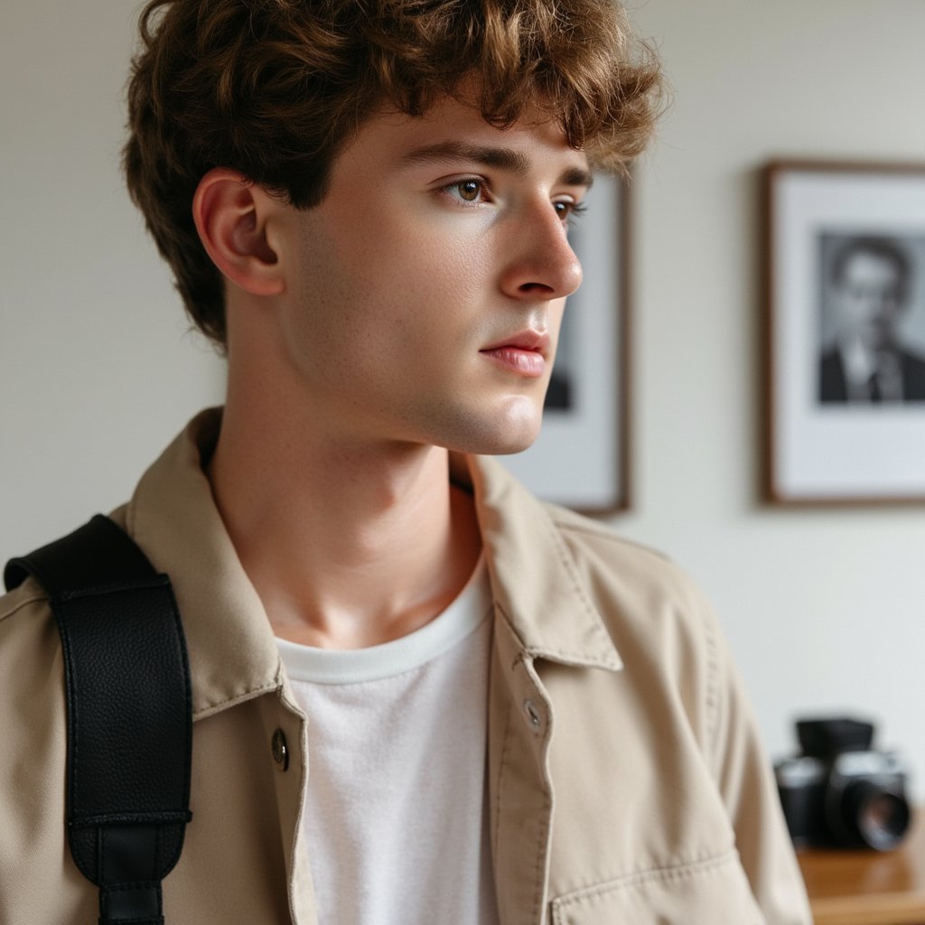 Professional creator look: male photographer with camera strap over shoulder, casual modern outfit, confident pose against neutral background