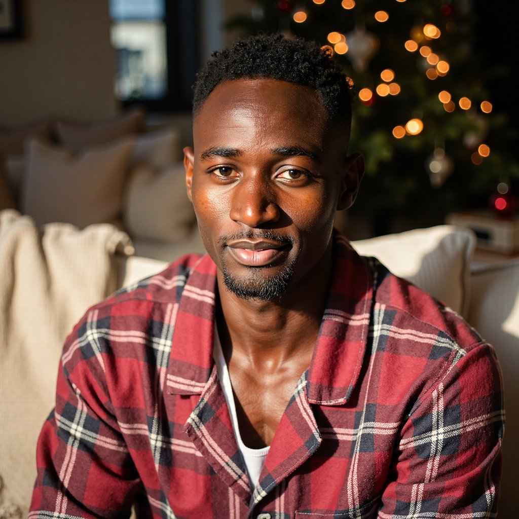 Headshot of a man seated on a sofa wrapped in a red-and-cream plaid pajama top, fabric soft and brushed with visible weave. He faces the camera directly, giving a warm relaxed expression with a slight closed-lip smile. Hair: short sides, slightly tousled top; light stubble. Lighting: warm morning window light from camera-left, with a soft fill to the right; gentle gradient shadows under jawline for depth. Background: blurred Christmas tree lights, a neutral-toned throw blanket, and a single ornament in soft bokeh; minimal clutter. Camera: 100mm macro portrait, f/2.8; highly realistic, highly detailed, HDR, especially eyes, beard texture, and plaid pattern.